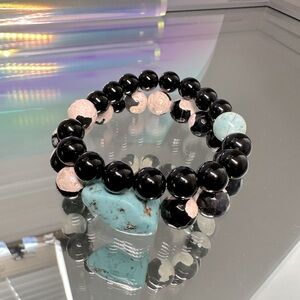 BLACK/WHITE AGATE + ONYX NATURAL BRACELET size 7”set of 2